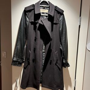 Burberry Brit black & aubergine wool trench coat with lambskin leather sleeves